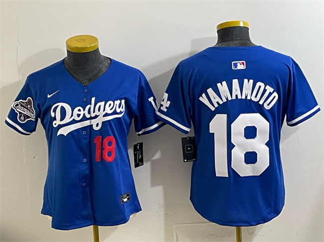 Women's Los Angeles Dodgers #18 Yoshinobu Yamamoto Royal 2025 World Series Champions Patch Limited Stitched Baseball Jersey(Run Small) Women's Los Angeles Dodgers #18 Yoshinobu Yamamoto Royal 2025 World Series Champions Patch Limited Stitched Baseball Jersey(Run Small)